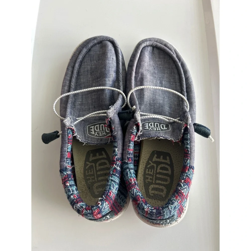 Hey Dude Wally Funk Jacquard Tribe Blue Canvas Slip On Loafers Mens 9 Womens 11